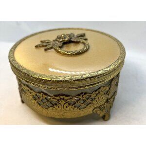 Hollywood Regency Gold Metal Fan Design Jewelry Box Rose Wreath Lid Vintage